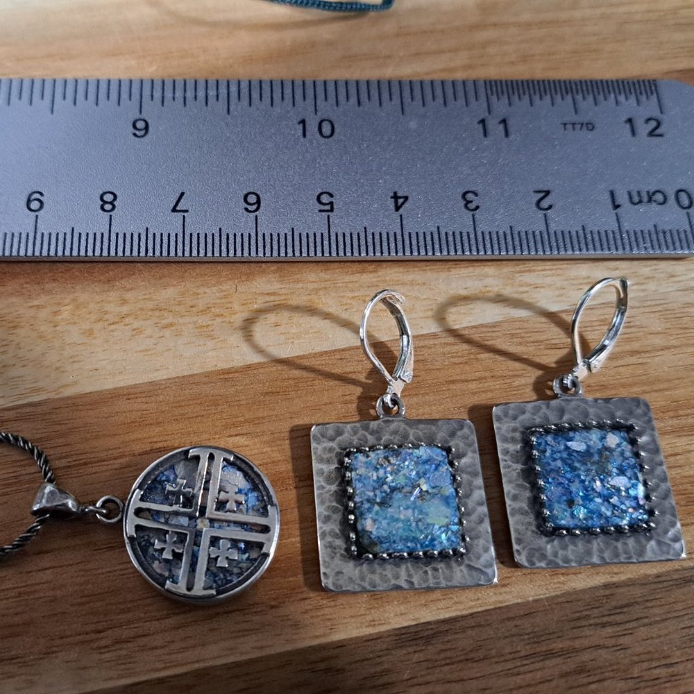 Sterling Silver Roman Glass Necklace and Earrings